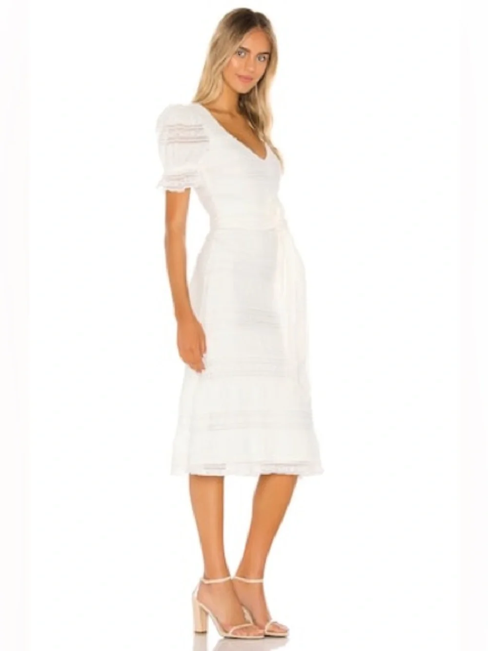 Tularosa Quinn Midi Dress Cream Boho Ruffle Puff Shoulder Belted Bridal Wedding - Picture 2 of 15
